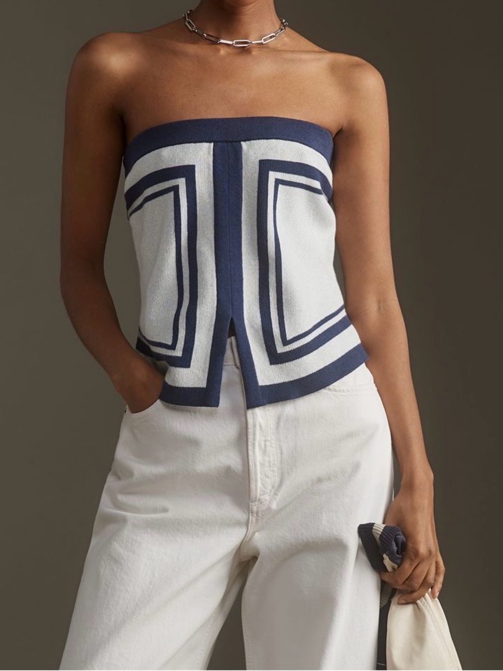 Maeve Navy & White Strapless Geometric Knit Top